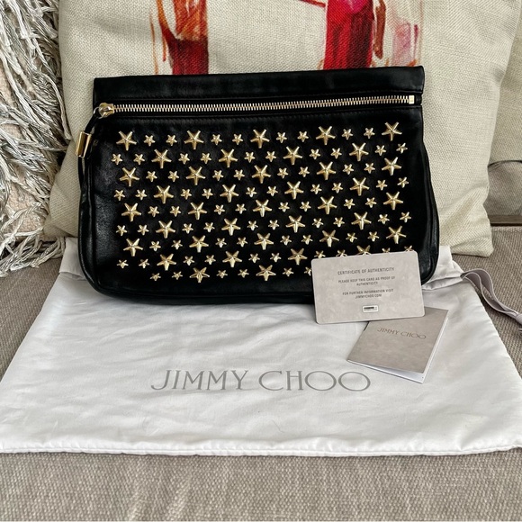 Jimmy Choo Handbags - COA⭐️ JIMMY CHOO Zena Star Studded Clutch/Pouch Black/Gold Leather W/Dust Bag